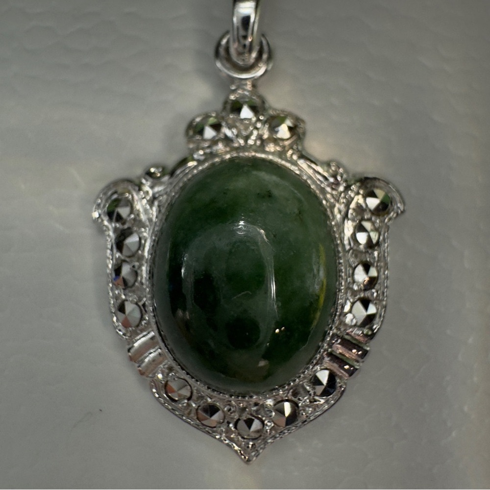 Art Deco Shield Pendant Necklace Sterling Silver Jade Necklace w/ Marcasite